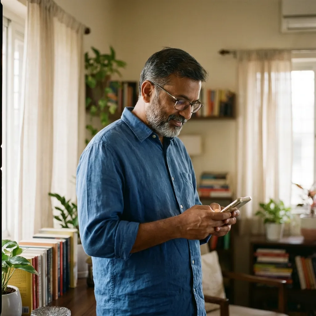 A relieved father effortlessly sending updates