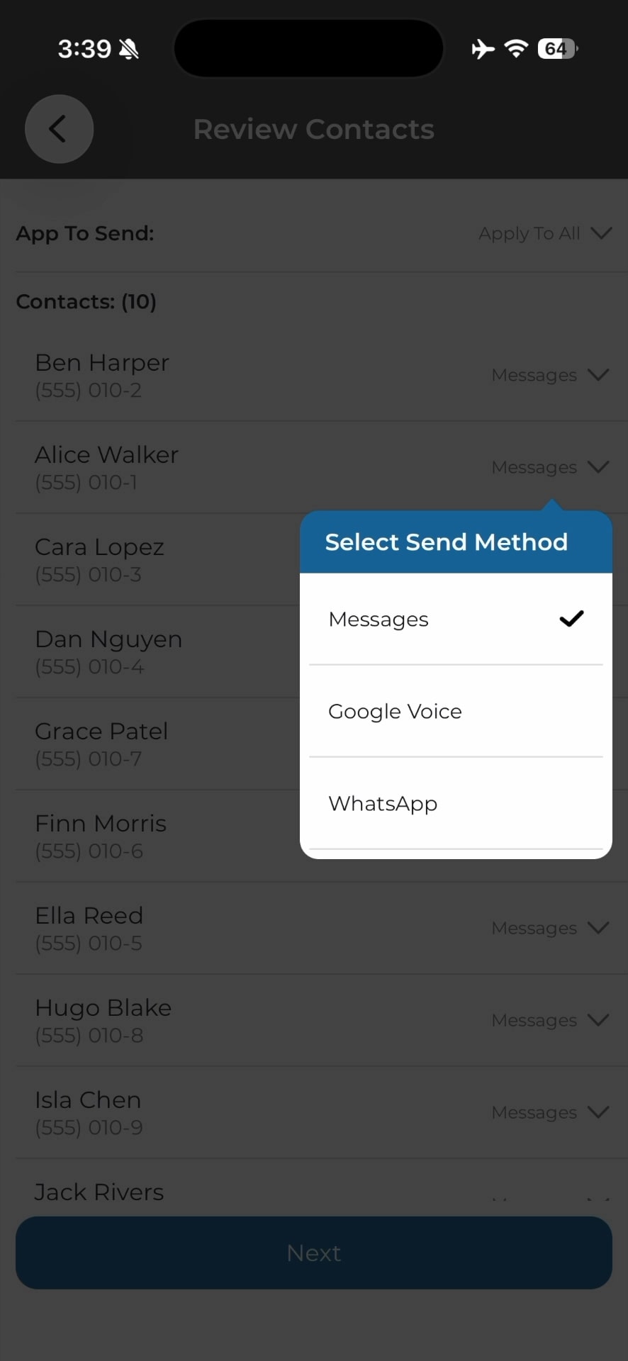 Bcc Text choose messaging app per contact