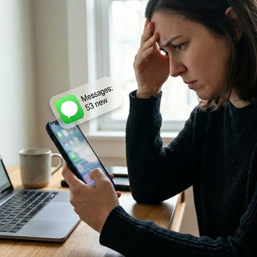 Frustrated person looking at smartphone notifications