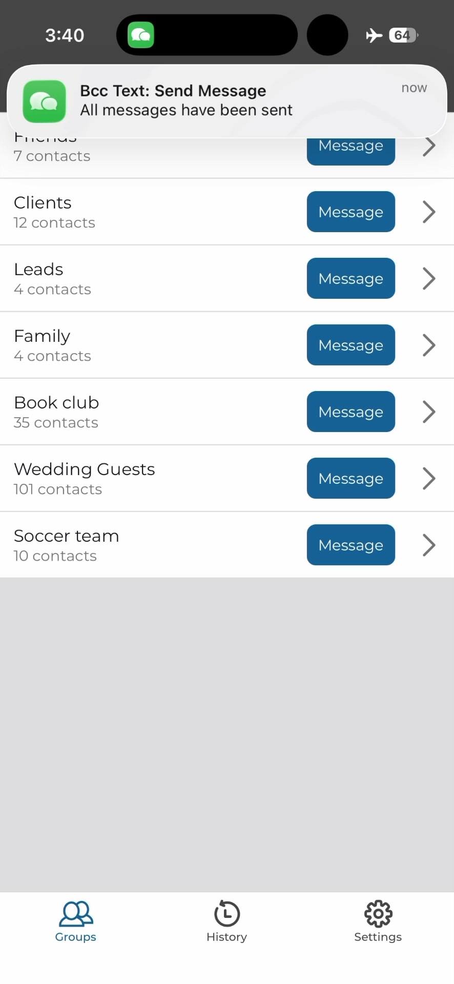 Bcc Text sent confirmation screen